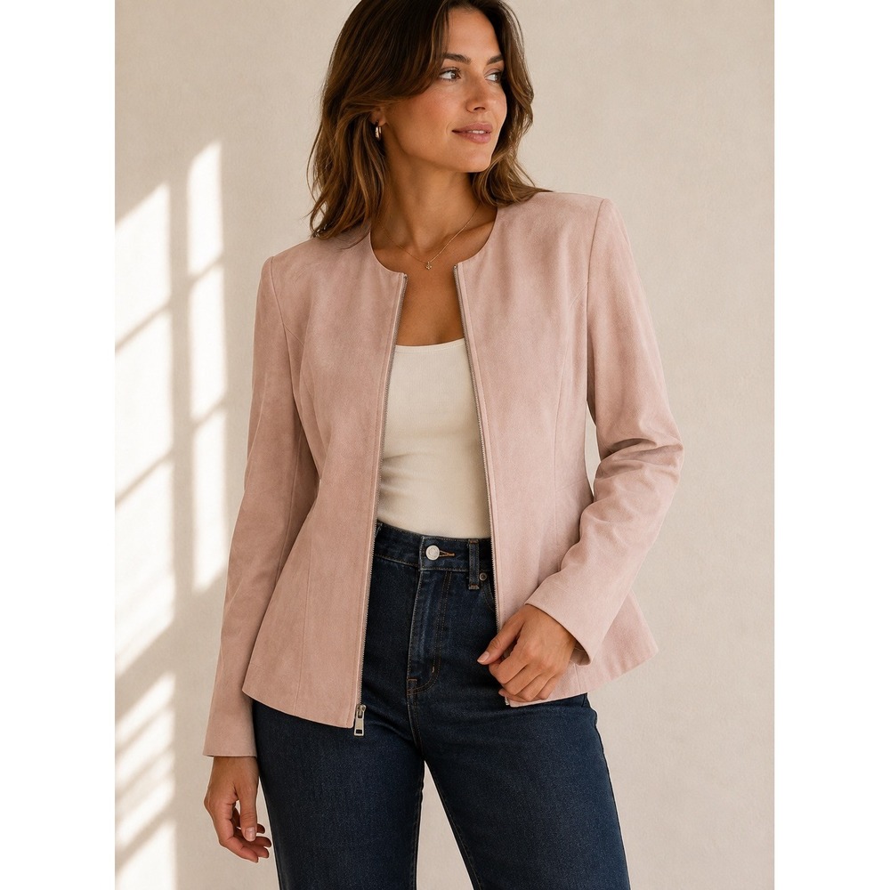 Neiman Marcus Womens Blush Pink Genuine Suede Leather Zip Up Peplum Jacket L